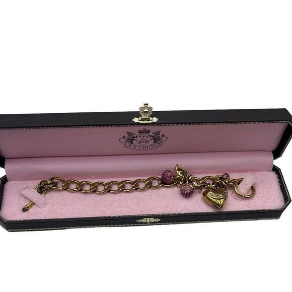Juicy Couture Gold Tone Charm Bracelet Puff Heart Puff J, Pink Cherry Charm - Picture 1 of 9